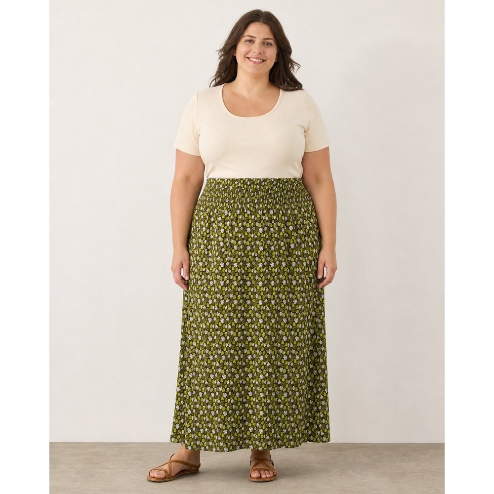 Ulla Popken Botanical Tropical Boho Plus Size Maxi Skirt Jersey Stretch Smocked